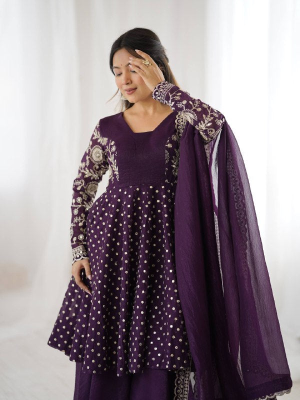 Prazu Fashion Purple Crunchy Silk Embroidered Designer Sharara Suit | Grocsy