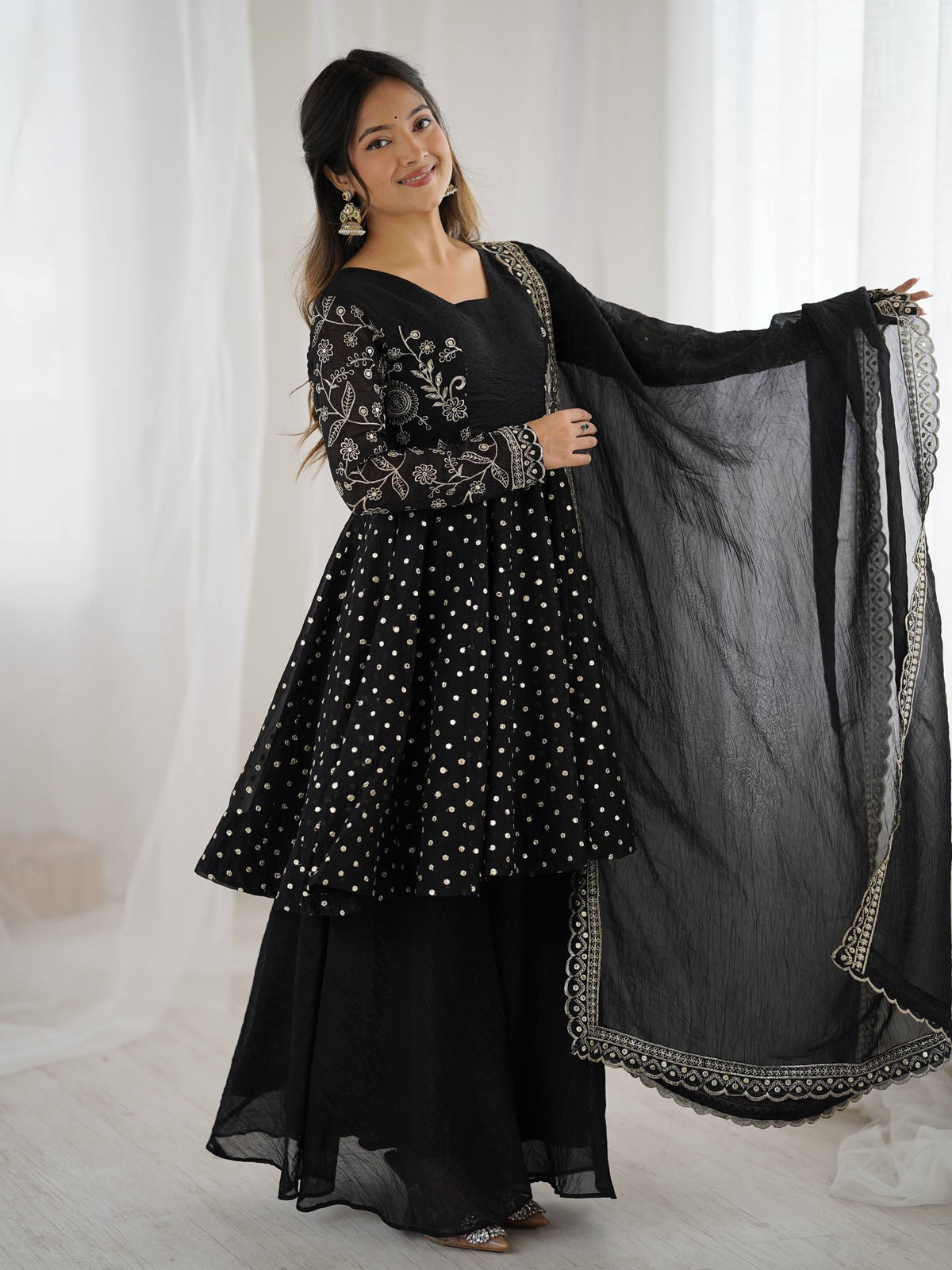 Prazu Fashion Black Crunchy Silk Embroidered Designer Sharara Suit | Grocsy