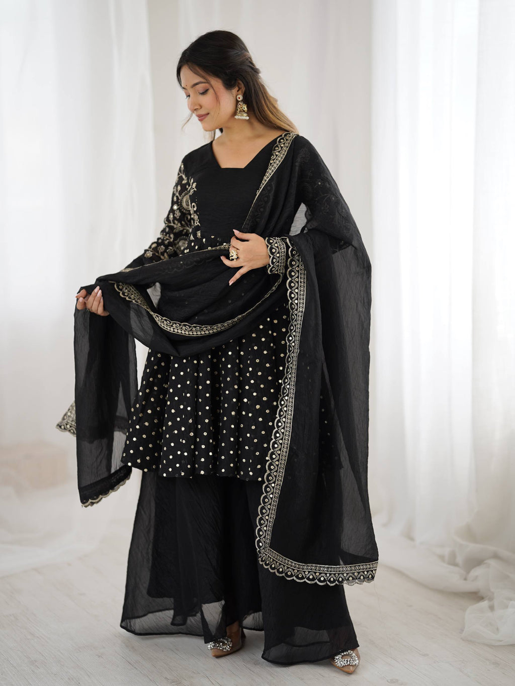 Prazu Fashion Black Crunchy Silk Embroidered Designer Sharara Suit | Grocsy
