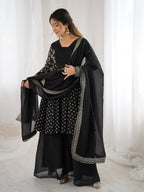 Prazu Fashion Black Crunchy Silk Embroidered Designer Sharara Suit | Grocsy