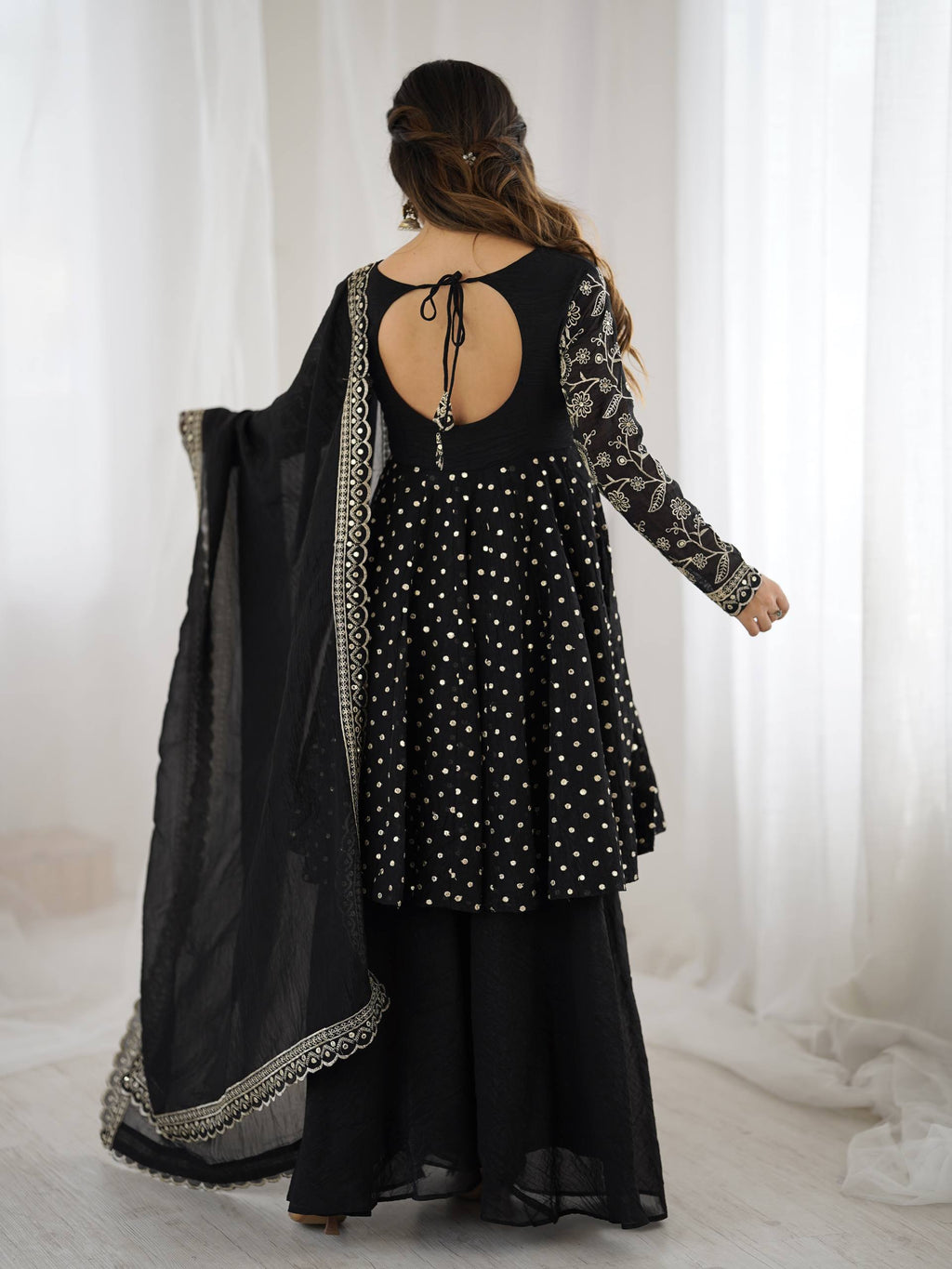 Prazu Fashion Black Crunchy Silk Embroidered Designer Sharara Suit | Grocsy
