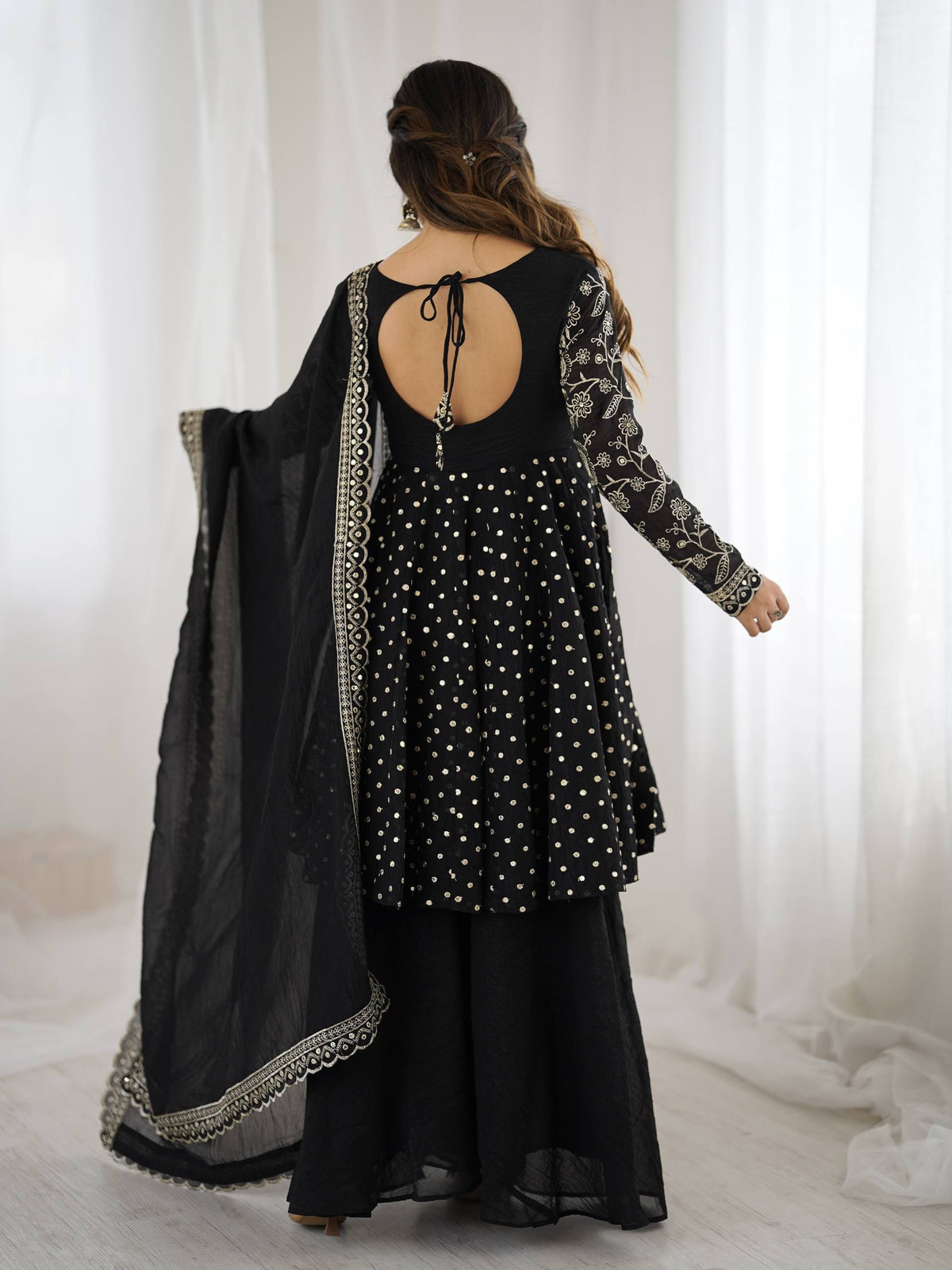 Prazu Fashion Black Crunchy Silk Embroidered Designer Sharara Suit | Grocsy
