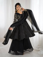 Prazu Fashion Black Crunchy Silk Embroidered Designer Sharara Suit | Grocsy
