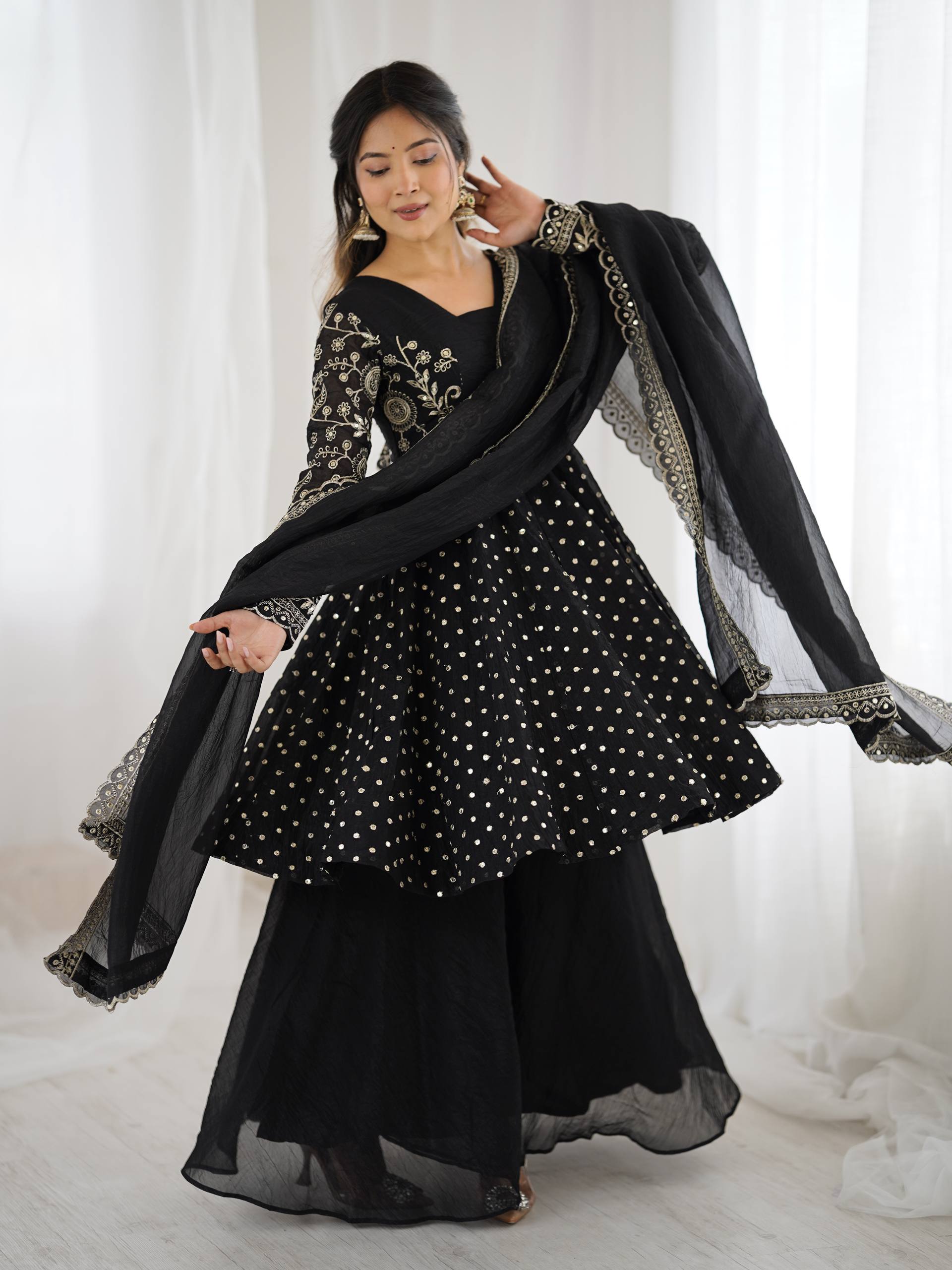 Prazu Fashion Black Crunchy Silk Embroidered Designer Sharara Suit | Grocsy