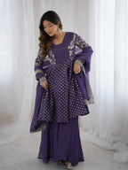 Prazu Fashion Violet Blue Crunchy Silk Embroidered Designer Sharara Suit | Grocsy
