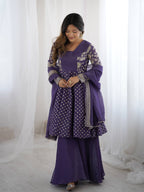 Prazu Fashion Violet Blue Crunchy Silk Embroidered Designer Sharara Suit | Grocsy