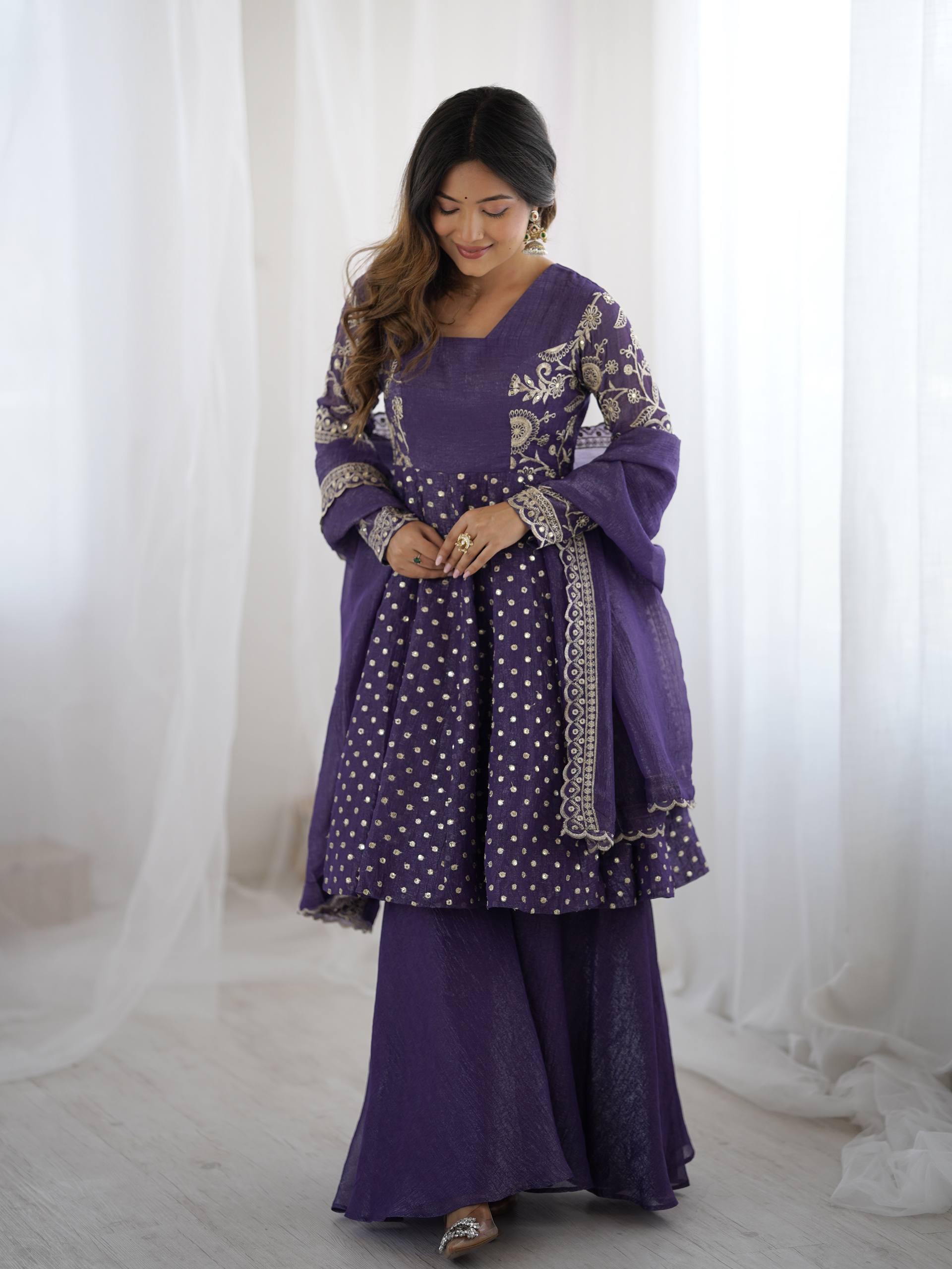 Prazu Fashion Violet Blue Crunchy Silk Embroidered Designer Sharara Suit | Grocsy