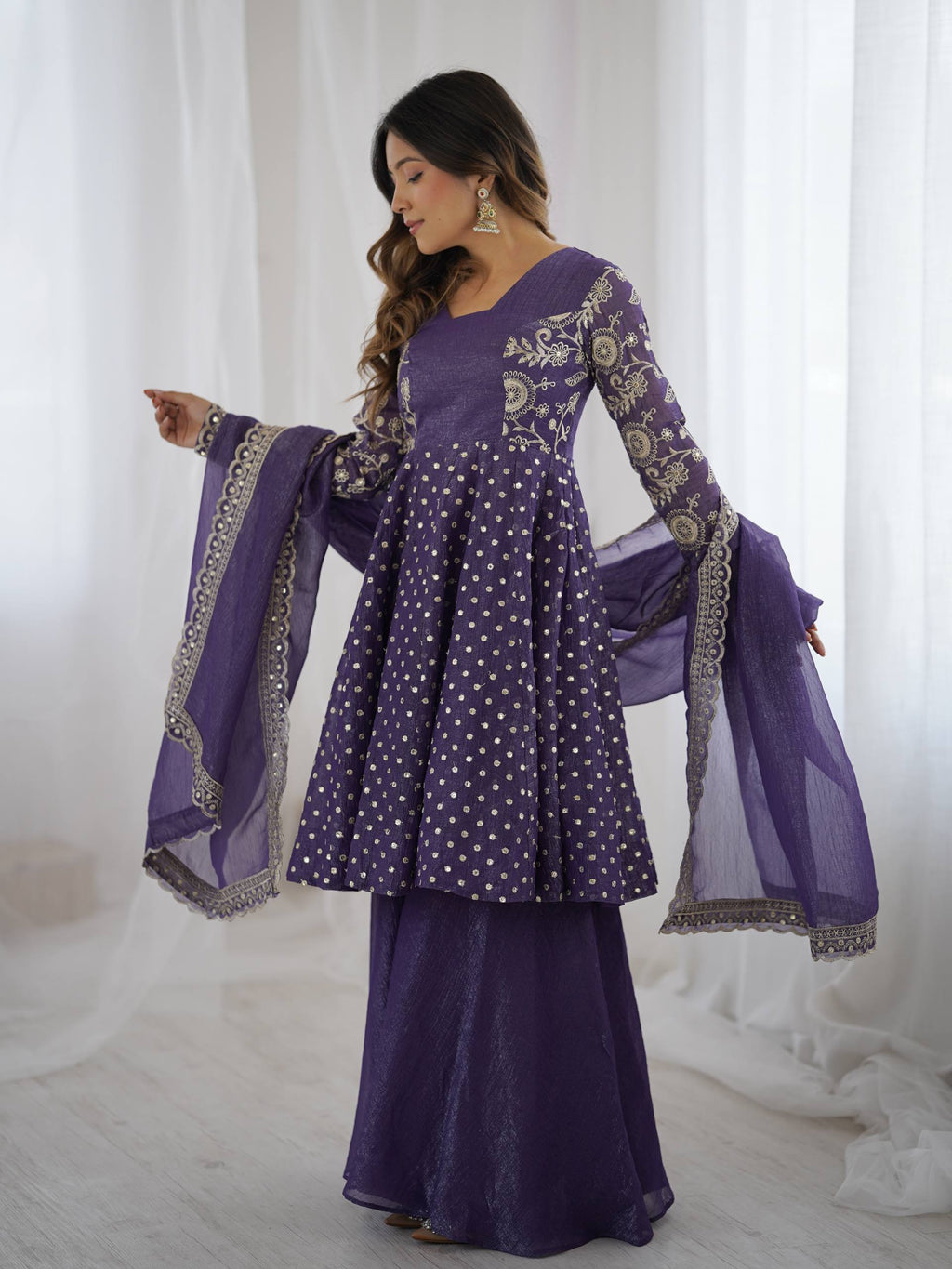 Prazu Fashion Violet Blue Crunchy Silk Embroidered Designer Sharara Suit | Grocsy