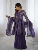 Prazu Fashion Violet Blue Crunchy Silk Embroidered Designer Sharara Suit | Grocsy