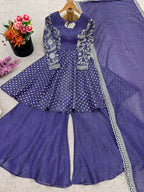Prazu Fashion Violet Blue Crunchy Silk Embroidered Designer Sharara Suit | Grocsy