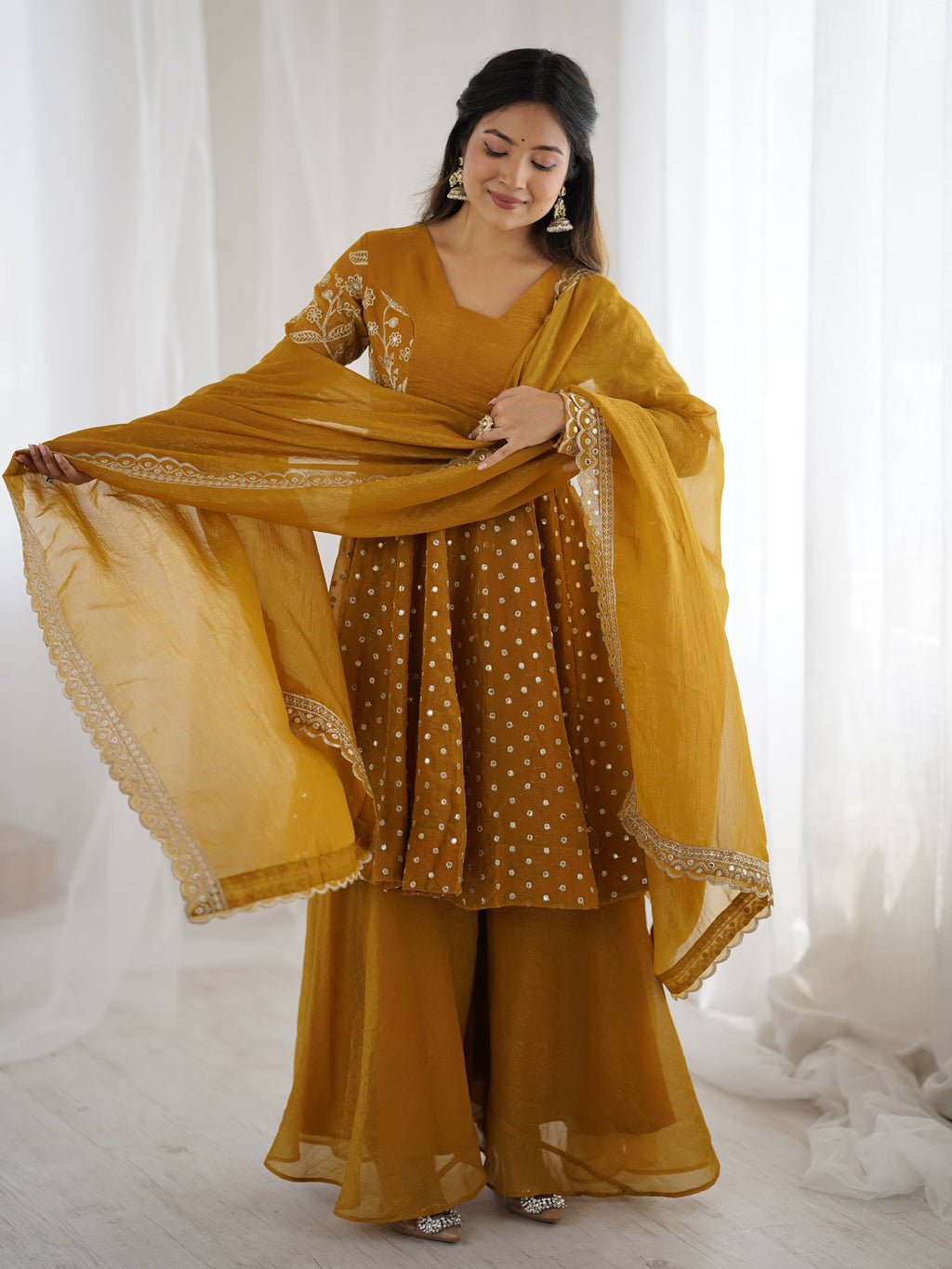 Prazu Fashion Yellow Crunchy Silk Embroidered Designer Sharara Suit | Grocsy