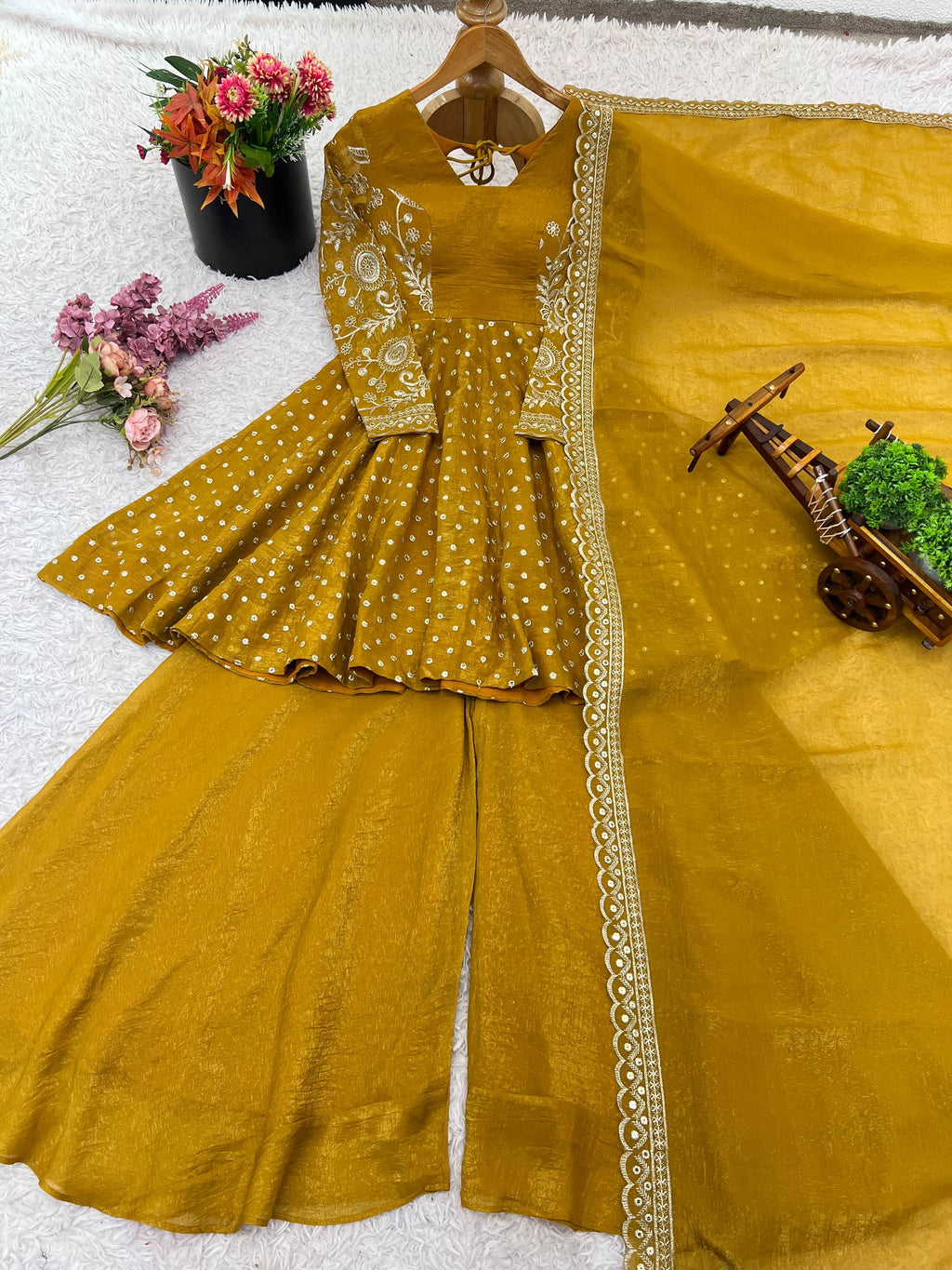 Prazu Fashion Yellow Crunchy Silk Embroidered Designer Sharara Suit | Grocsy
