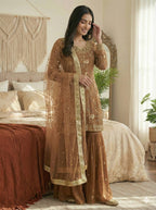 Prazu Fashion Light Brown Georgette Zarkan Diamond Work Palazzo Suit | Grocsy