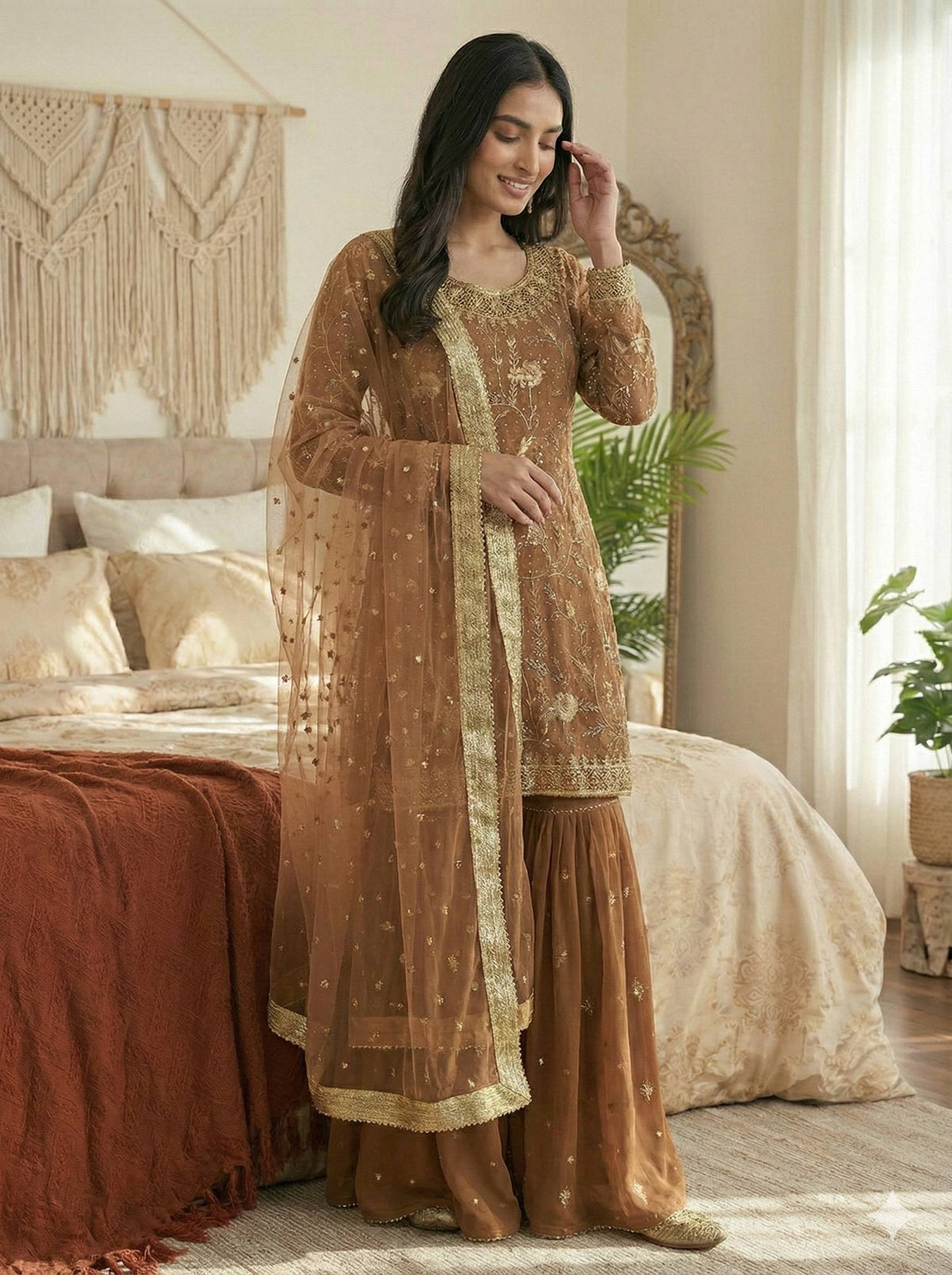 Prazu Fashion Light Brown Georgette Zarkan Diamond Work Palazzo Suit | Grocsy