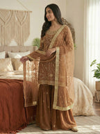 Prazu Fashion Light Brown Georgette Zarkan Diamond Work Palazzo Suit | Grocsy