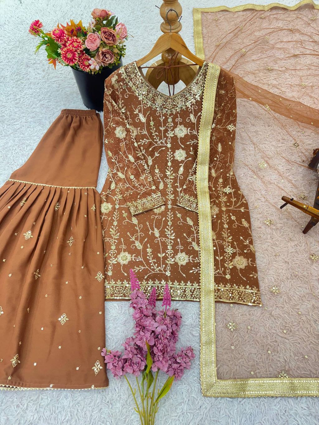 Prazu Fashion Light Brown Georgette Zarkan Diamond Work Palazzo Suit | Grocsy