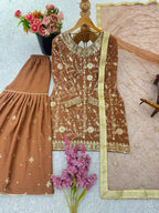 Prazu Fashion Light Brown Georgette Zarkan Diamond Work Palazzo Suit | Grocsy