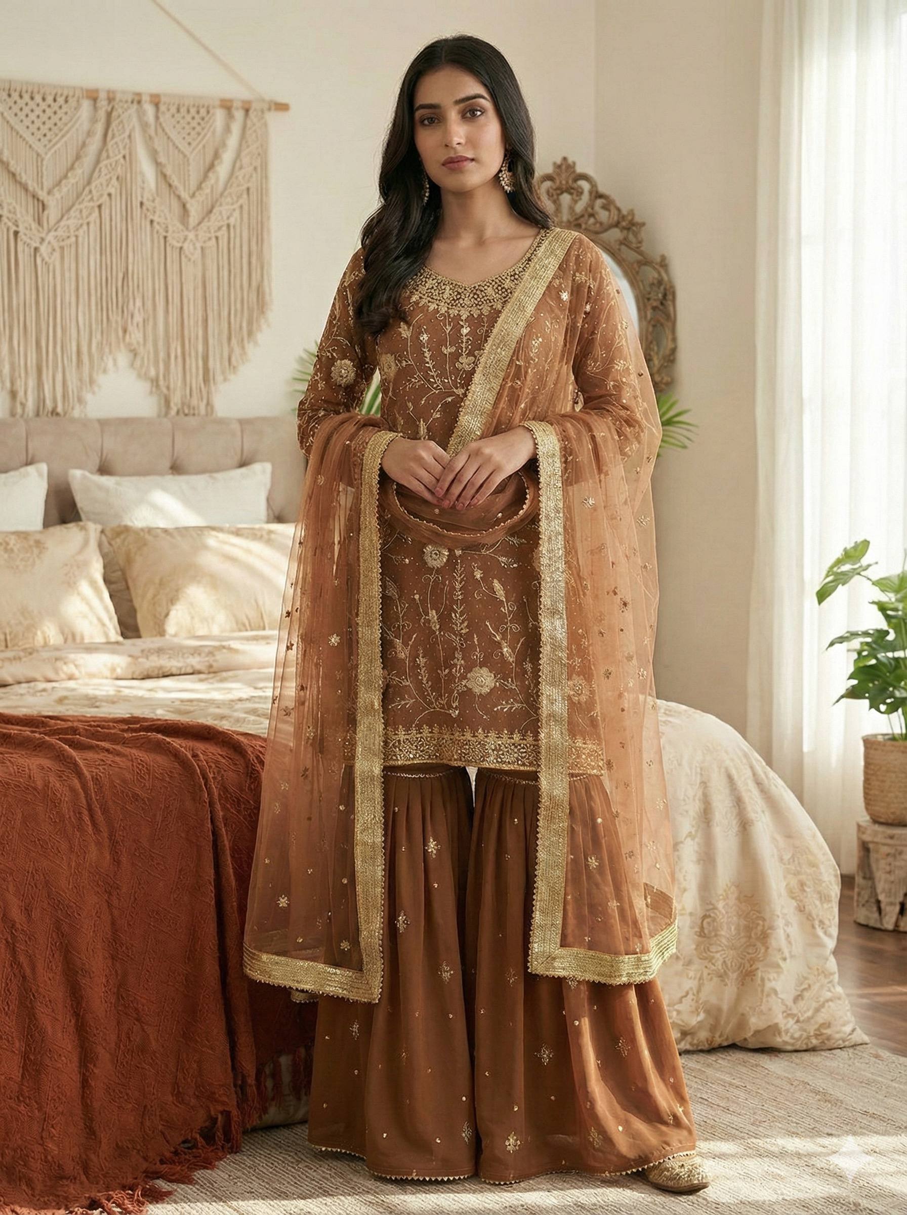 Prazu Fashion Light Brown Georgette Zarkan Diamond Work Palazzo Suit | Grocsy