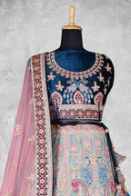 Blue & Pink Velvet Thread with Hand Work Semi Stitched Lehenga Choli with Dupatta - Nimaya Lagnotsav | Grocsy
