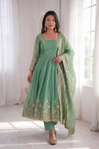 Teeya Creation Womens New Latest Trendy Elegant Pista Embroidered Anarkali Suit Set with Scalloped Dupatta | Grocsy