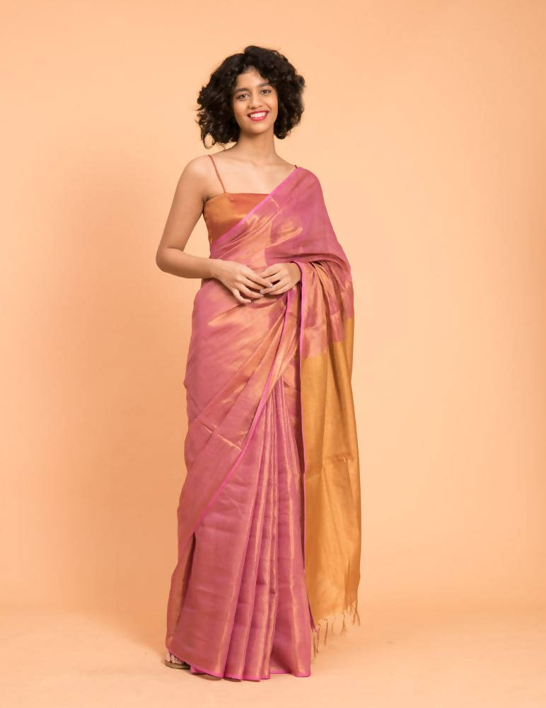 Suta Pink Golden Solid Woven Design Zari Saree | Grocsy