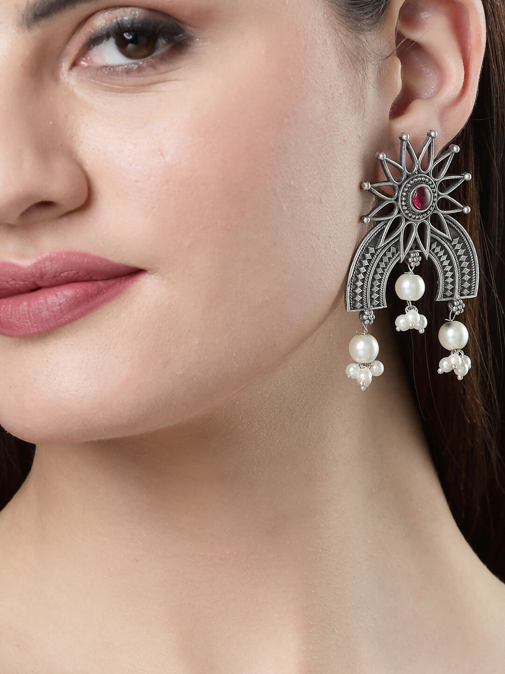 NVR Women's Floral Silver-Plated Artificial Stones and Beads Drop Earrings | Grocsy