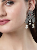 NVR Women's Floral Silver-Plated Artificial Stones and Beads Drop Earrings | Grocsy
