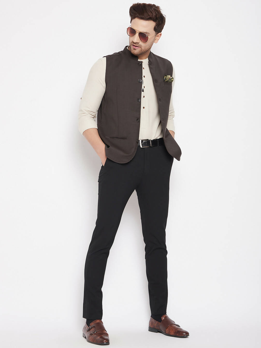 Even Apparels Brown Merino Men Woven Nehru Jacket | Grocsy