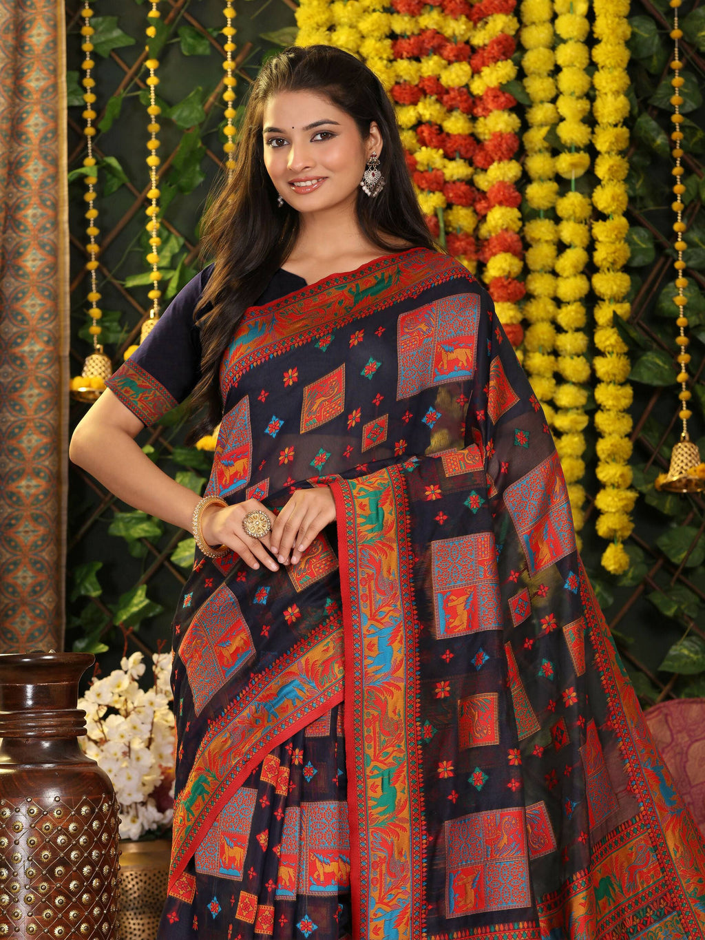 Shree Shyam Fashion Linen Cotton Navy Blue Saree | Grocsy