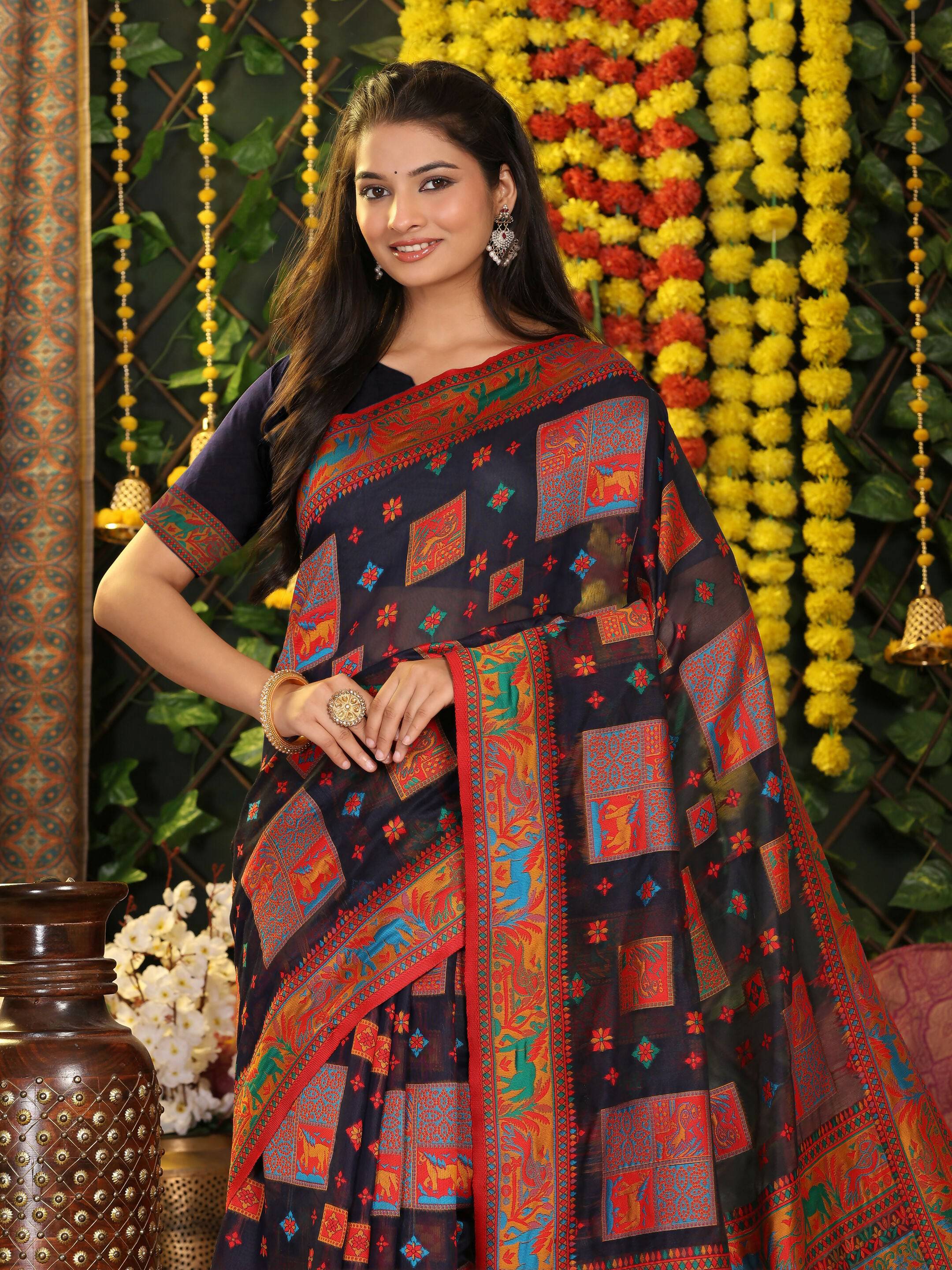 Shree Shyam Fashion Linen Cotton Navy Blue Saree | Grocsy