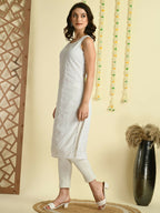 Myshka Women's White Georgette Sleeveless Straight Party Kurta | Grocsy