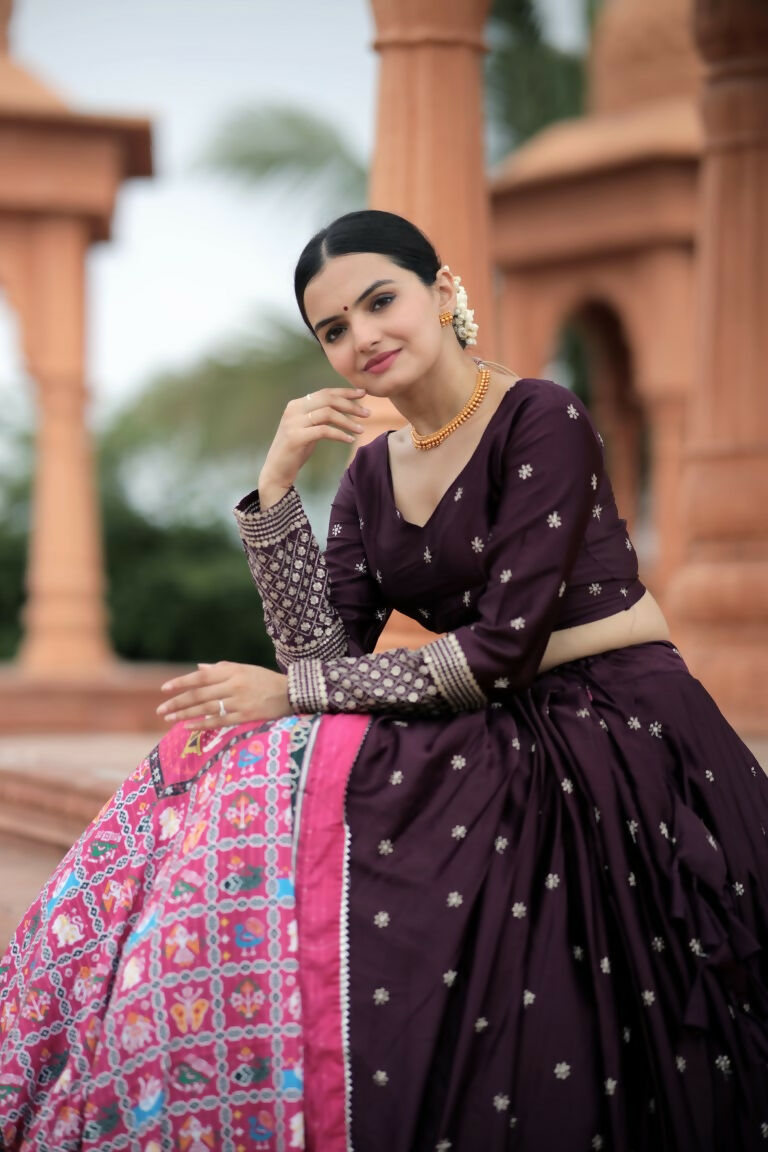 Vastranavya Navaratri Collection Myra Silk Lehenga & Blouse With Maslin Crochet Printed Dupatta Set - Wine | Grocsy