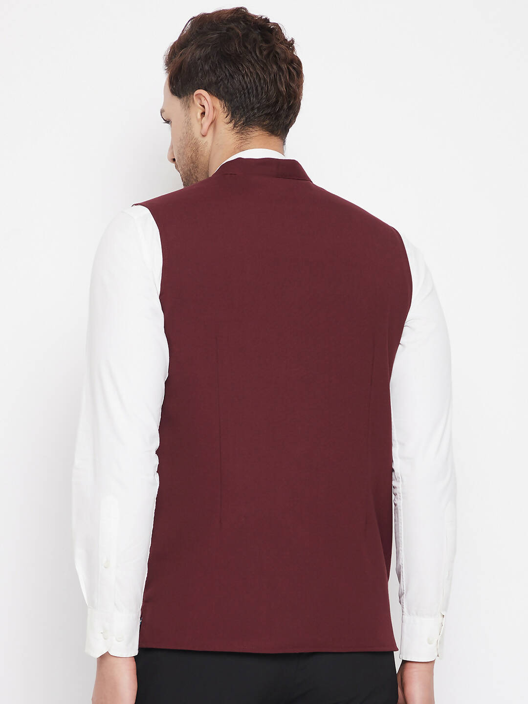 Even Apparels Maroon Merino Men's Nehru Jacket-Contrast Lining-Inbuilt Pocket Square | Grocsy
