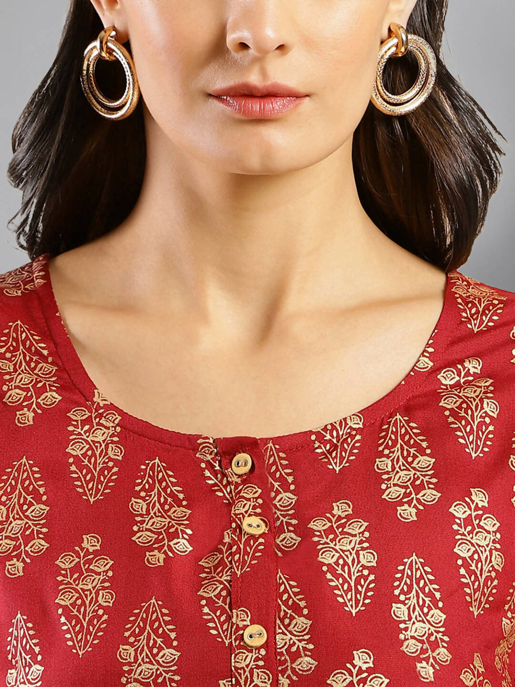 Red Cotton Ethnic Motifs Aline Dress - Poonam | Grocsy