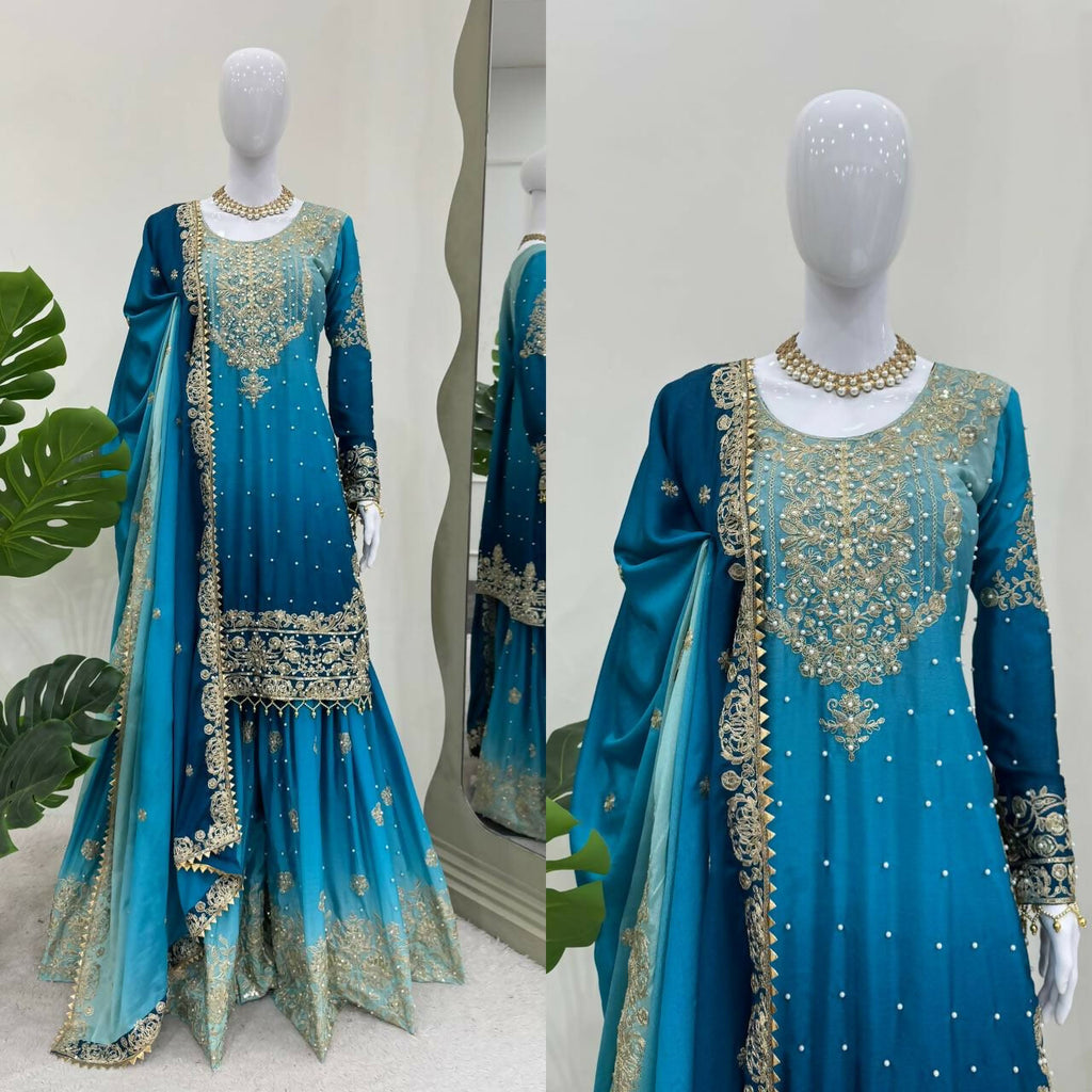 The52 Women's Beautiful Chinon silk Fabric Embroidery Work Straight Kurta Palazzo and Dupatta Set | Grocsy