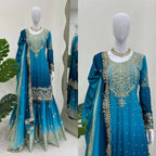 The52 Women's Beautiful Chinon silk Fabric Embroidery Work Straight Kurta Palazzo and Dupatta Set | Grocsy
