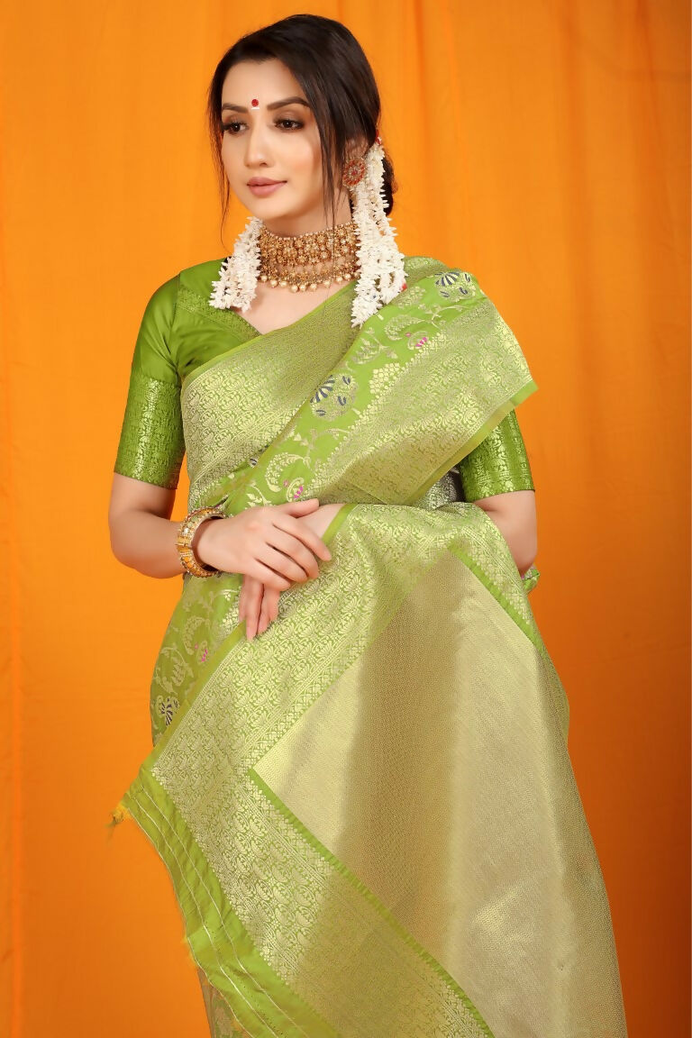 Jyoti Fashion Women's Green Kanjivaram Silk Zari Woven Saree with Blouse | Grocsy