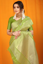 Jyoti Fashion Women's Green Kanjivaram Silk Zari Woven Saree with Blouse | Grocsy