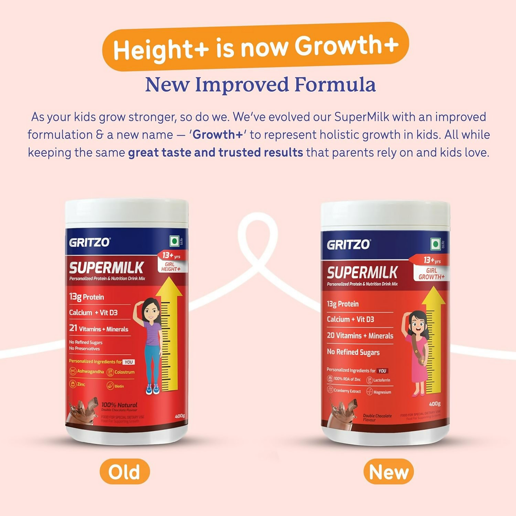 Gritzo SuperMilk Growth+ (Formerly Height+) (13+y Boys & Girls) 13g Protein Powder - Double Chocolate | Grocsy