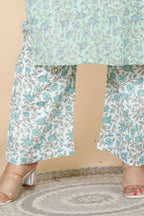 Miravan Women's Plus Size Green Floral Printed Cotton Kurta With Palazzo Set | Grocsy