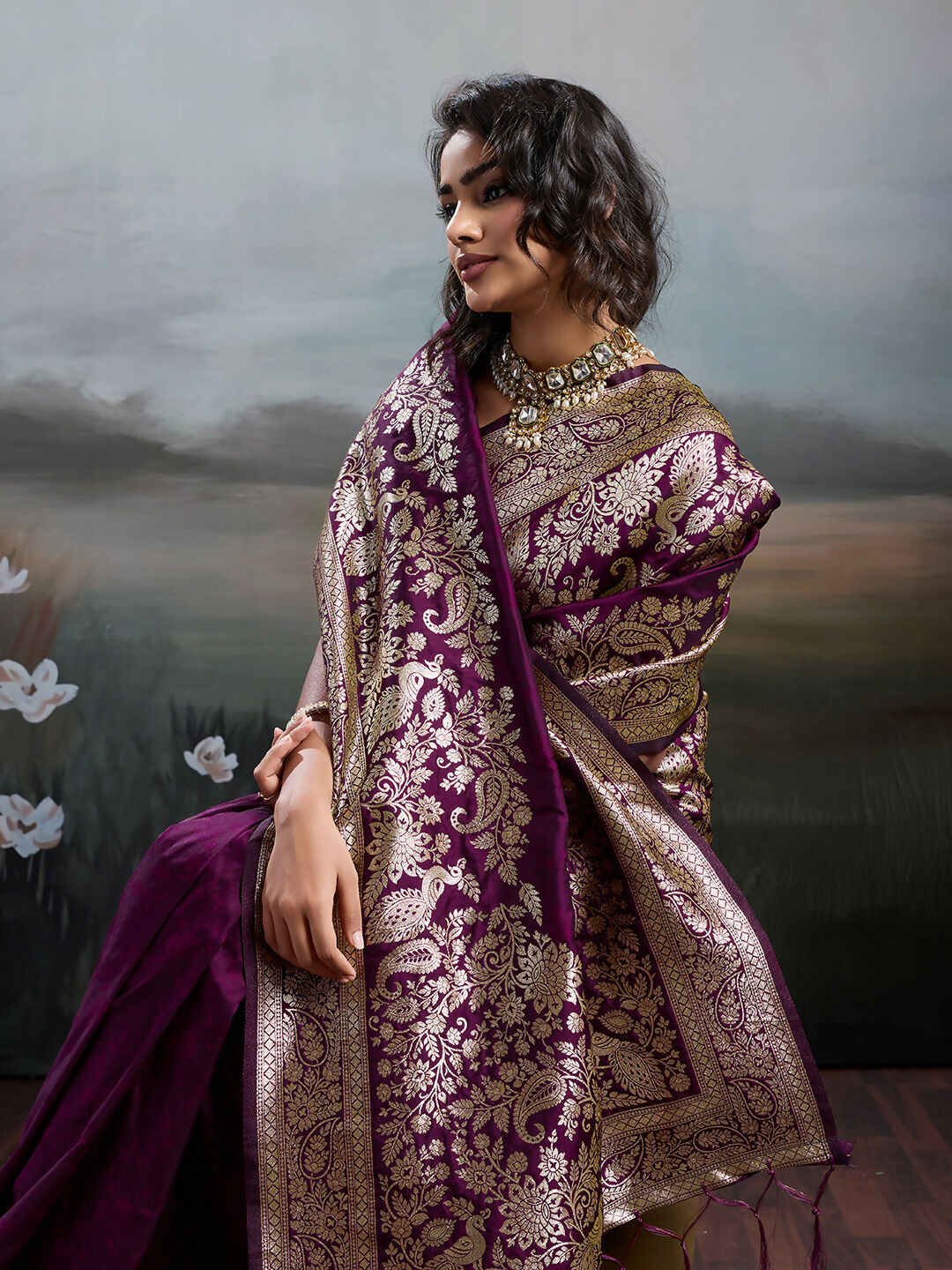 Shree Shyam Fashion Wine Silk Blend Saree | Grocsy