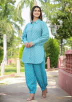 Kaajh Women's Sky Blue Printed Cotton Kurta Pant Set | Grocsy