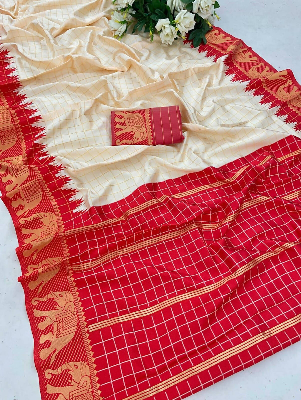 DEIANA'S Beautiful Designer Golden zari Soft Lichi Silk Saree - White | Grocsy