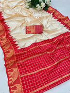 DEIANA'S Beautiful Designer Golden zari Soft Lichi Silk Saree - White | Grocsy