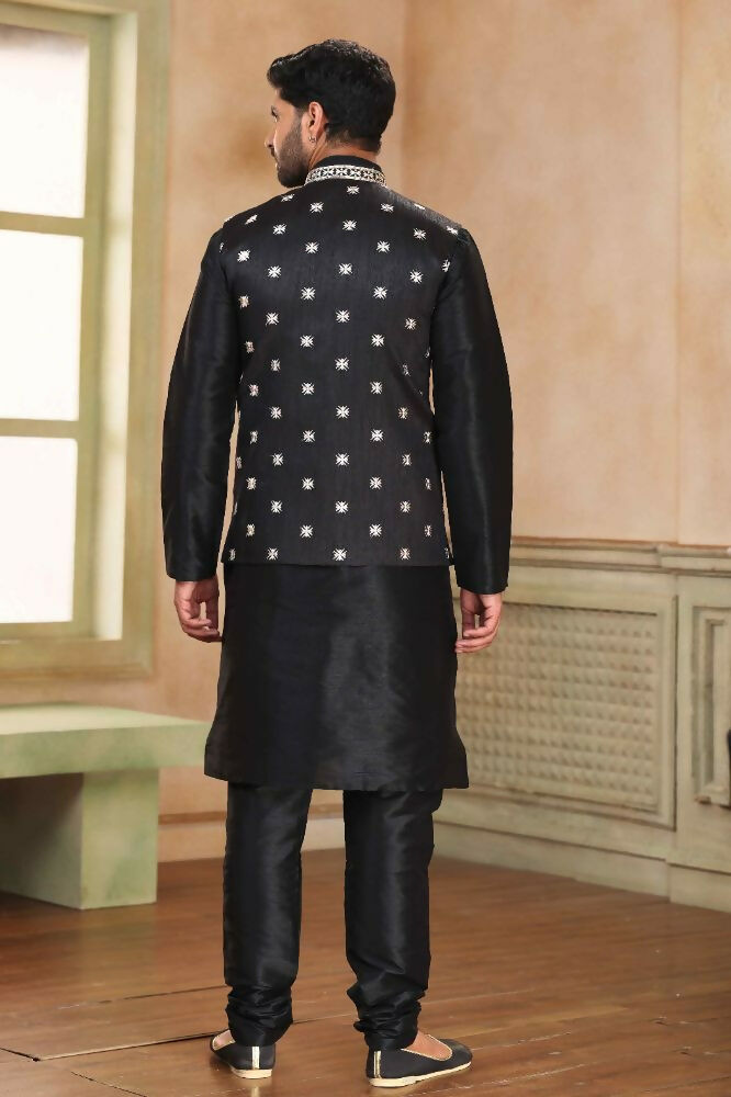Raivat Ethnic Jacquard Banarasi Silk Woven Work 3 Pics Jacket Set In Black Colour | Grocsy