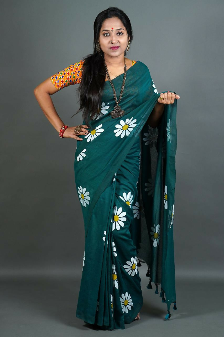 Exclusive Collection Green Pure Cotton Saree With Sunflower Design | Grocsy