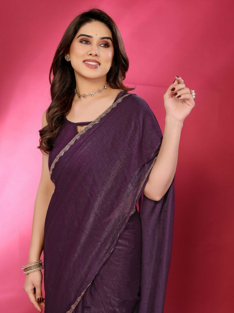 PR Fashion Wine Jimmy Choo Fabric Palin With Work Lace Saree | Grocsy