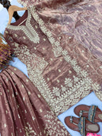 Teeya Creation Coffee Pure Silk Gimmy Silk Heavy Embroidery Work Wedding Wear Palazzo Pair | Grocsy