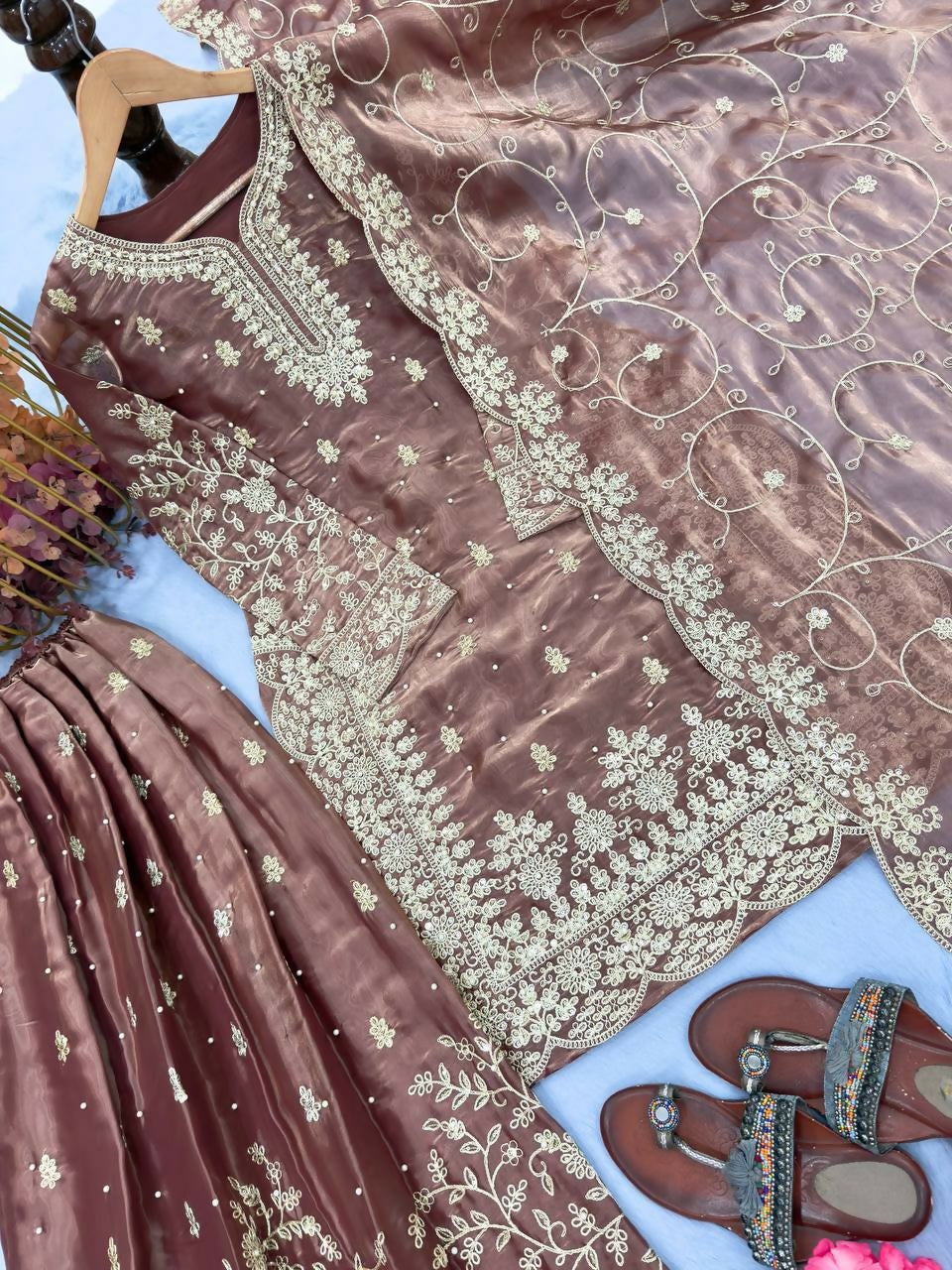 Teeya Creation Coffee Pure Silk Gimmy Silk Heavy Embroidery Work Wedding Wear Palazzo Pair | Grocsy