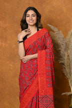 Very Much Indian Handblock Printed Cotton Saree With Natural Dyes - Red | Grocsy